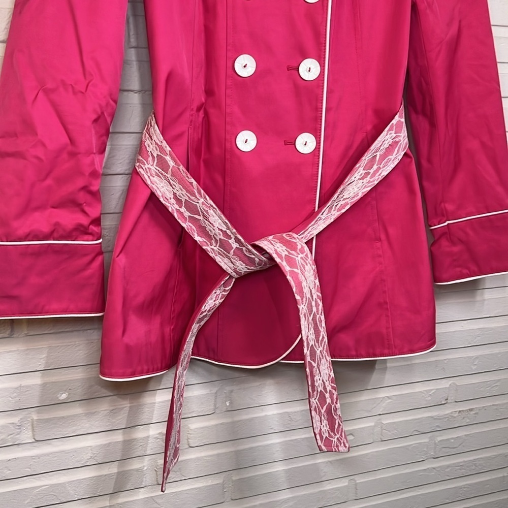 Betsey Johnson Hot Pink Lace Double Breasted Trench Coat, Women’s Size Medium - Picture 3 of 11